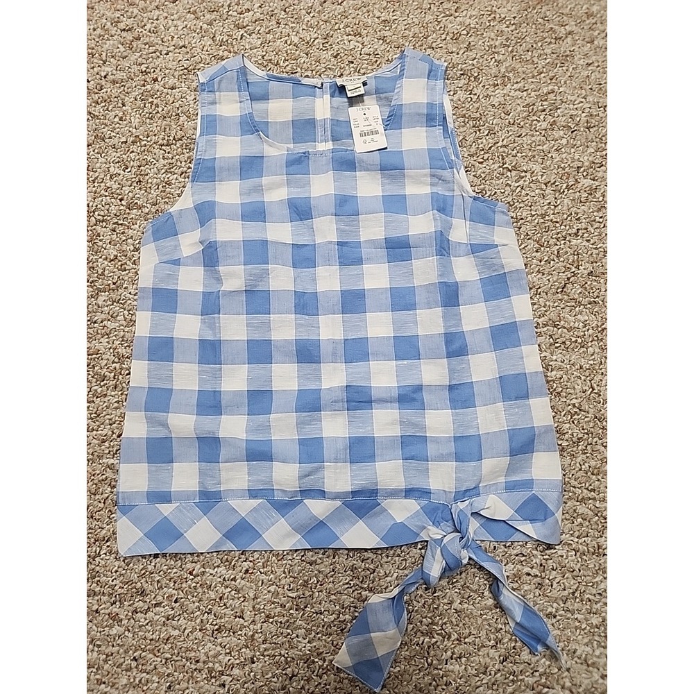 J. Crew Womens Blue White Gingham Linen Cotton Tie Front Tank Top L6755 Size 2